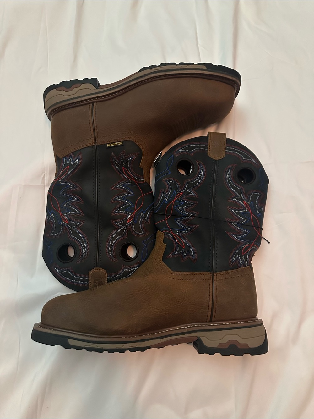 Dan Post Brown Leather Work Cowboy Boots with Black Embroidered Shaft